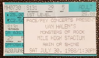 Van Halen,  Metallica,  Scorpions,  Monsters Of Rock Tour Ticket Stub July 1988