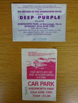 Deep Purple Knebworth Concert Ticket Stub 22 June 1985 Plus Car Park Ticket
