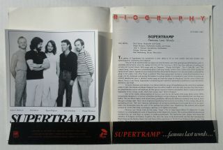 SUPERTRAMP Famous Last Words 1982 US Promo PRESS KIT Roger HODGSON Rick DAVIES 2