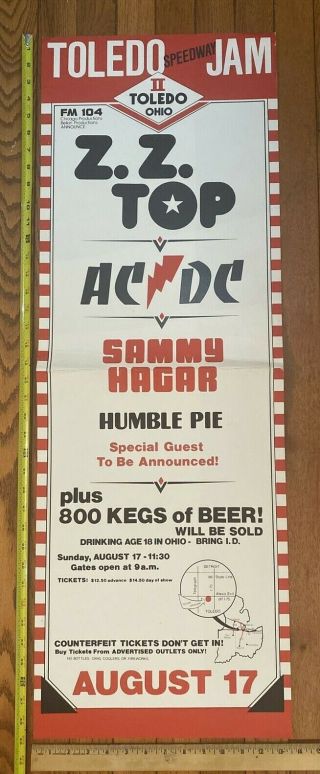 Zz Top Ac/dc Sammy Hagar Humble Pie Toledo Jam Poster 1980 37 " X 13.  5 "