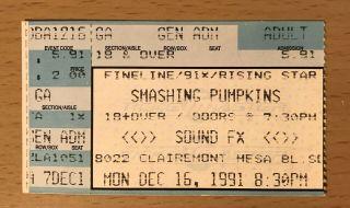 1991 Smashing Pumpkins Gish Tour Sound Fx San Diego Concert Ticket Stub Corrigan