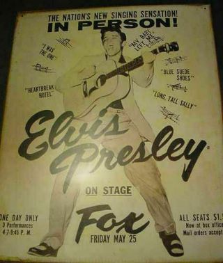 Vintage Elvis Presley 1956 Detroit Concert Fox Poster Sign 50s Tin Metal Presly