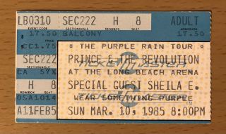 1985 Prince & The Revolution Purple Rain Tour Long Beach Concert Ticket Stub