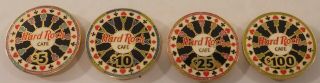 Set Of 4 Hard Rock Cafe Pin Online Casino Chip $5 $10 $25 $100 Poker Roulette