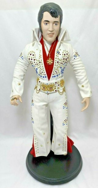 Elvis Presley Porcelain 18 " Doll White Studded Jumpsuit With Stand Collectible