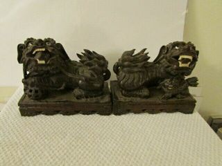 Vintage Chinese Carved Wood Foo Dogs Guardian Lions