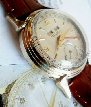 HTF Vintage Men ' s 1950 ' s Gruen Precision Triple Date Calendar Swiss Watch Runs 2