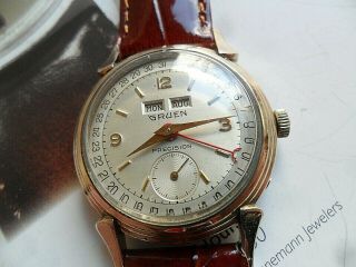 HTF Vintage Men ' s 1950 ' s Gruen Precision Triple Date Calendar Swiss Watch Runs 4