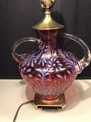 Vintage 25” Fenton Cranberry Opalescent Daisy And Fern Lamp With Handles