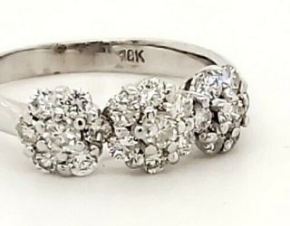 Vintage Art Deco 18k White Gold Diamond.  70tcw 3 Stone Flower Cluster Ring Sz 5