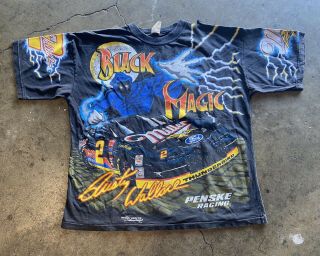 Vintage 90s Nascar All Over Print T Shirt Black Magic Rusty Wallace Adult Xl