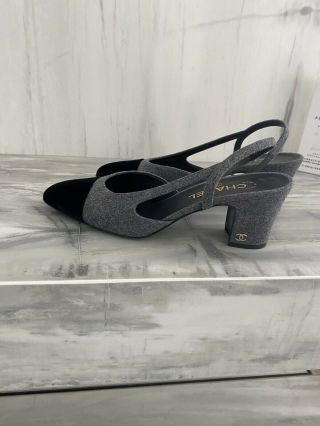 Chanel Slingbacks In Grey And Black 38.  5 Classic Block Heel.  Vintage Desirable.