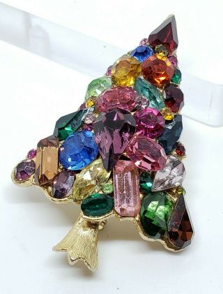 Rare Vintage Weiss Heavily Jeweled Rainbow Art Glass Gem Christmas Tree Brooch 2