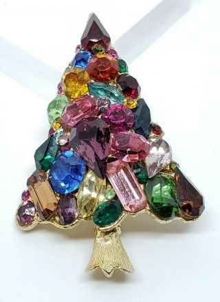 Rare Vintage Weiss Heavily Jeweled Rainbow Art Glass Gem Christmas Tree Brooch 3