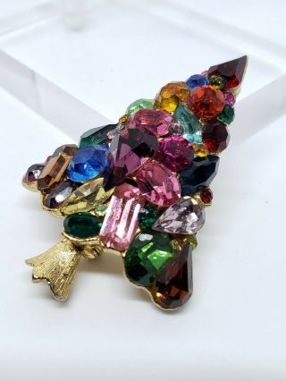 Rare Vintage Weiss Heavily Jeweled Rainbow Art Glass Gem Christmas Tree Brooch 4