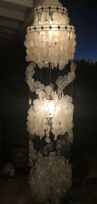 Vtg Mid Century 1960s Capiz Shell Hanging Chandelier Lamp 16”x75” Swag