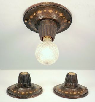 Pair Vintage Art Craft Deco Bare Bulb Bronze Flush Ceiling Light Fixture Rewired