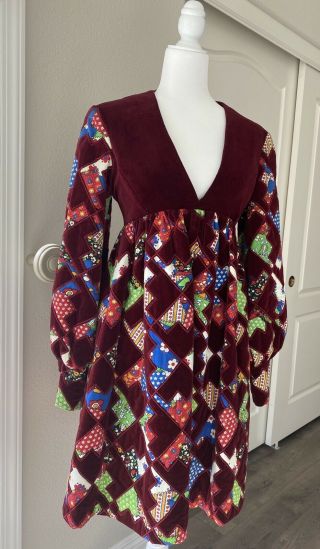 Vintage Gayle Kirkpatrick Patchwork Velvet Dress,  Circa 1960’s.  Size Med (4 - 6)