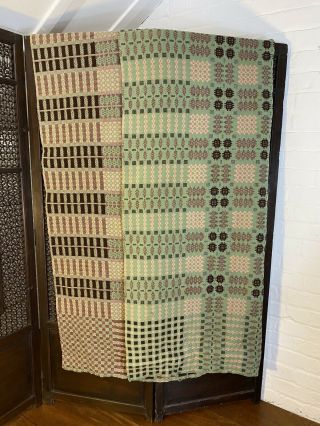 Antique 1930’s Welsh Wool Reversible Blanket Pink Green Vintage Throw Quilt