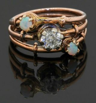 Antique 14k Yellow Gold 0.  70ct Diamond & Opal Cocktail Ring Size 5