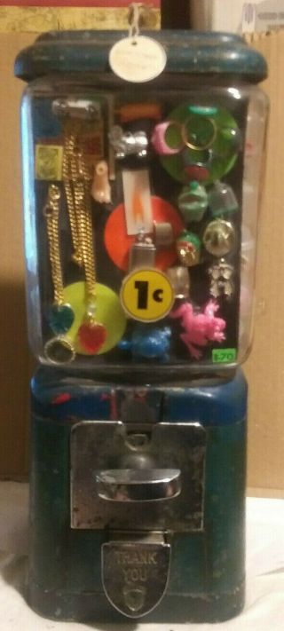Rare Vintage Oak Acorn 1 Cent 1” Toy Gum Machine Tear Drop W/key Full Of Toys
