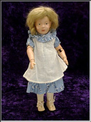 Antique 1910 - 20 Schoenhut 14 " Wood Jointed Blue Intaglio Eyes Mohair Wig Doll