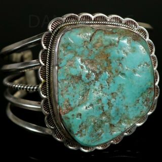 Old Pawn Vintage Navajo Traditional Sterling Blue Green Slab Turquoise Bracelet