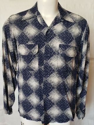 Vintage 40 - 50s Rockabilly Rayon Loop Collar Flap Pocket Shirt Med