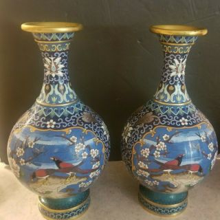 Vintage Pair Cloisonne Enamel Floral Bird Design Vases