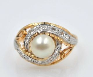 Vintage 14 Kt Yellow Gold Diamond Pearl Women 