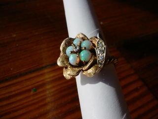 Vintage Estate Ladies 14k Gold Flower Ring With White Opals And Diamonds Size 4