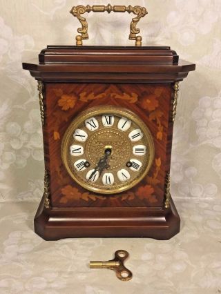 Vintage Imperial Mantel Clock W/ Inlaid Wood Case Bell Strike Marquetry Case Fhs