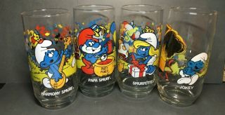 Vintage 1983 Peyo Smurf Tumbler Drinking Glasses - Harmony Jokey Smurfette Papa