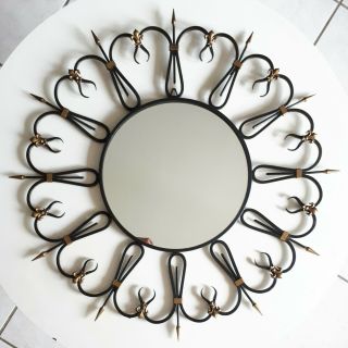 Miroir Soleil Fer Forgé Et Bronze Décor Fleurs De Lys Et Lances 1950 Vintage