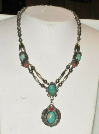 Vintage Native American Squash Blossom Turquoise/coral Necklase Signed Ns Or Sn