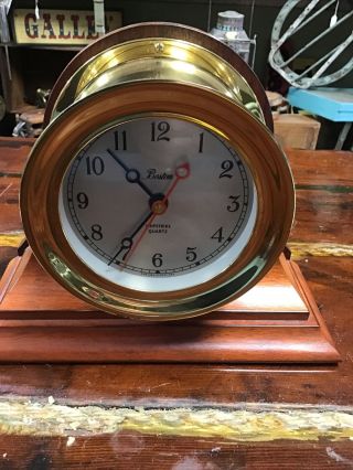 Vintage Chelsea Boston Shipstrike Quartz Brass Marine Clock W/ Wood Base Stand