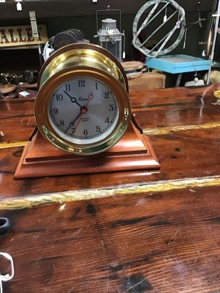 Vintage Chelsea Boston Shipstrike Quartz Brass Marine Clock W/ Wood Base Stand 4
