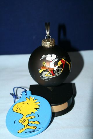 Peanuts Snoopy Hand Painted Christmas Ornaments Set Of 2 Glass & Wooden