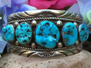 Vintage 93 Gram Native American Navajo Kingman Turquoise Sterling Cuff Bracelet