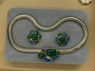 Vintage Hattie Carnegie Goldtone Poured Glass Moghal Necklace & Earrings Set