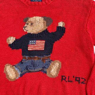 Vintage Polo Ralph Lauren Sz L 92 Sit Down Bear Flag Hand Knit Red Sweater 2