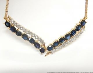 Vintage 6ctw Fine Natural Blue Sapphire 14k Gold White Diamond V Necklace 8.  6gr