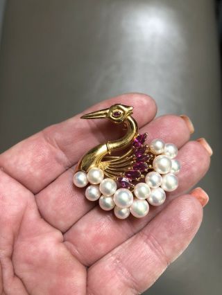 Vintage 14k Pearl & Ruby Swan Pin/ Brooch Pendant