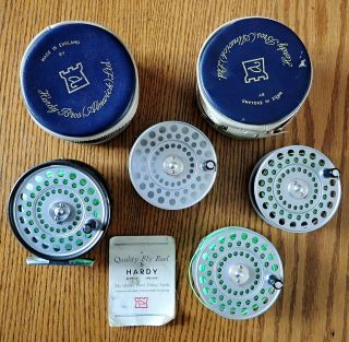 Vintage Hardy Princess Fly Fishing Reel 3 Spools 3 Fly Lines 2 Hardy Spool Cases