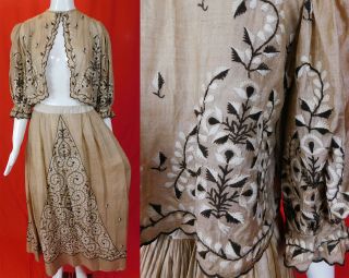 Edwardian Embroidered Pongee Raw Silk Dress Bolero Jacket Top Blouse & Skirt Vtg