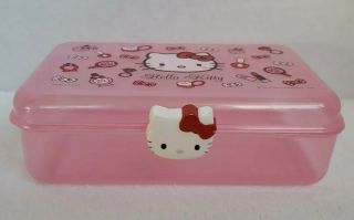 Sanrio Hello Kitty Clear Pink Plastic Pencil Box Case Cosmetics And Bows Themed