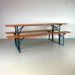 Vintage Industrial German Beer Table Bench Set Garden Furniture Orange Blue Legs