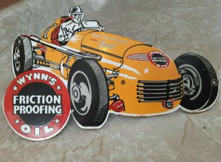 Vintage Wynn’s Friction Proofing Indy Race Car 12” Porcelain Sign Gas Oil