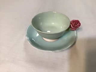Paragon Pink Rose Handle Bone China Footed Tea Cup Saucer Green Vintage - Rare
