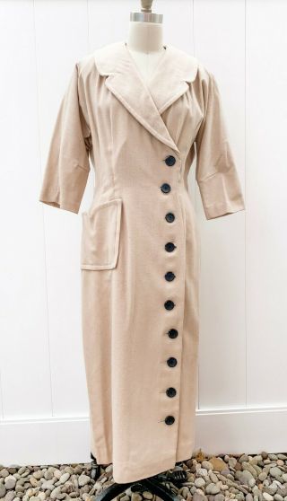 Vintage Womens Dress R&k Originals Late 1940s/50s Beige Wool Column 42 - 30 - 42